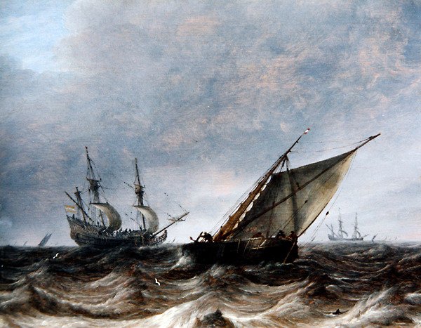 Dalgalı Denizlerde Bir Smalschip ve Bir Savaş Adamı (panelde yağ) by Pieter the Elder Mulier