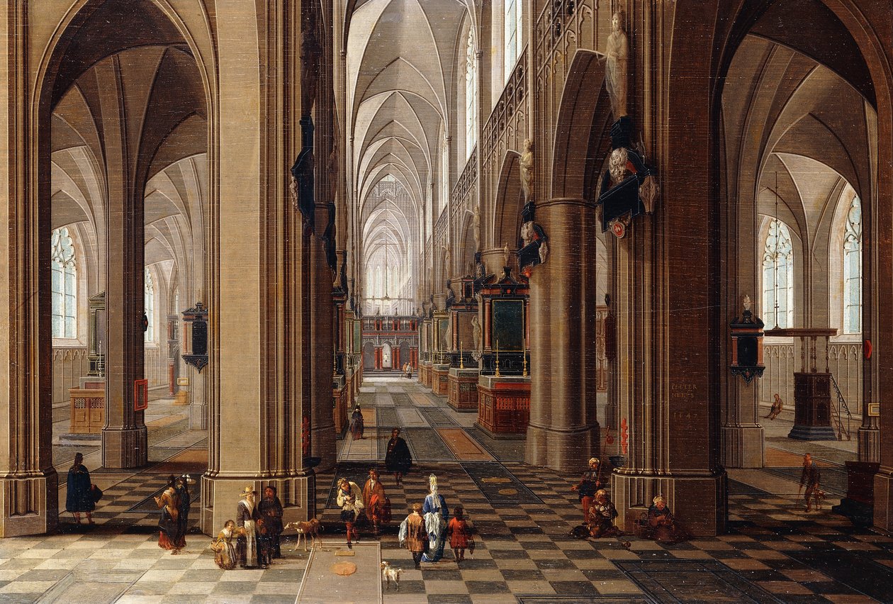 Kasabalılar ve Pigrimlerle Gotik Bir Katedralin İçi, 1647 by Pieter the Elder Neeffs