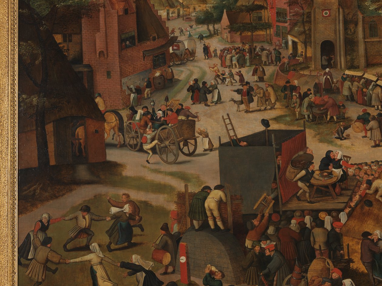 St Hubert ve St Anthony Onuruna Bir Tiyatro Gösterisi ve Alayı ile Bir Köy Festivali by Pieter Brueghel the Younger