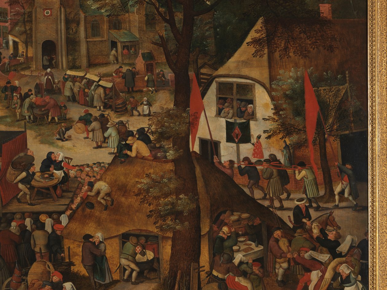 St Hubert ve St Anthony Onuruna Bir Tiyatro Gösterisi ve Alayı ile Bir Köy Festivali by Pieter Brueghel the Younger