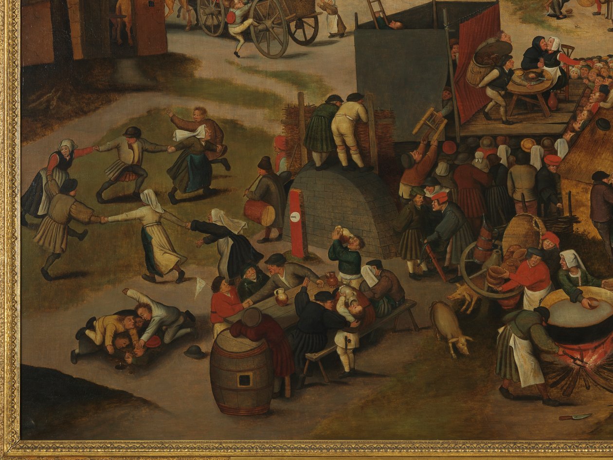 St Hubert ve St Anthony Onuruna Bir Tiyatro Gösterisi ve Alayı ile Bir Köy Festivali by Pieter Brueghel the Younger