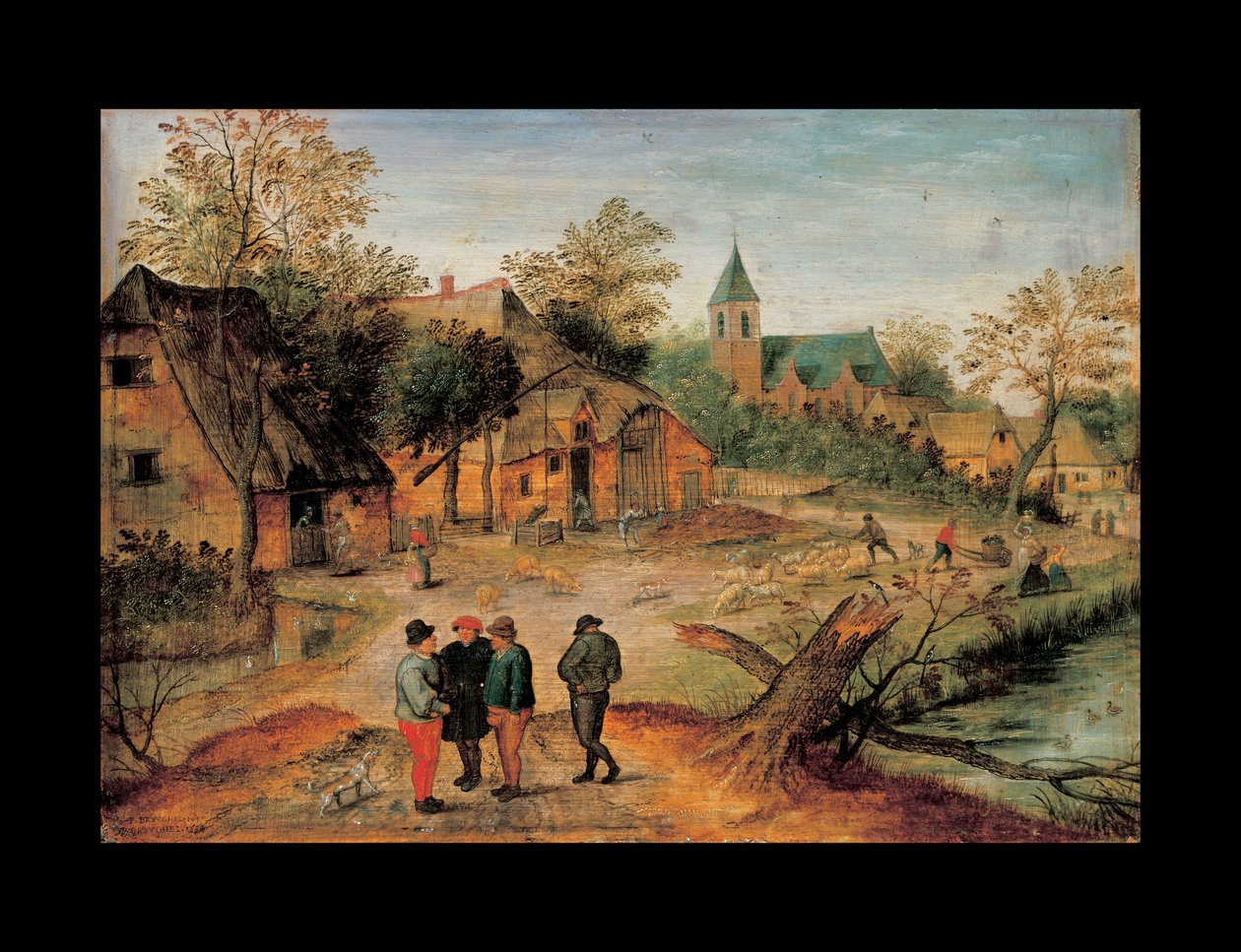 Çiftçilerin ön planda sohbet ettiği bir köy manzarası, 1634 by Pieter Brueghel the Younger