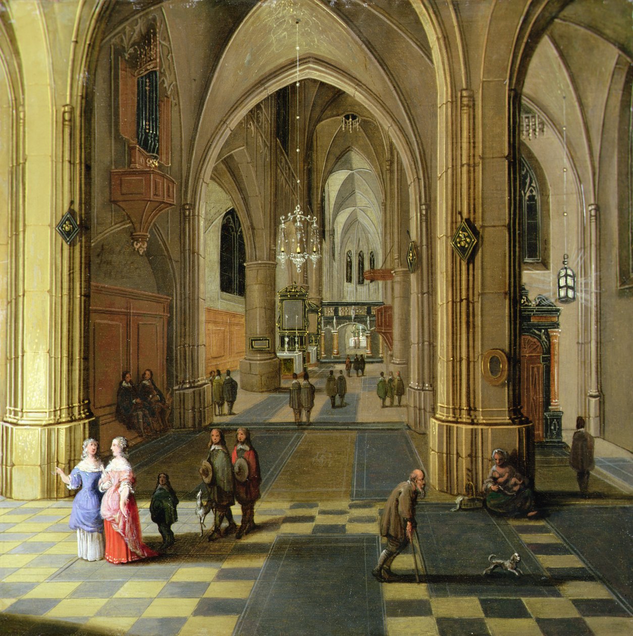 İki Kadının Konuştuğu Gotik Bir Katedralin İçi by Pieter the Younger Neeffs