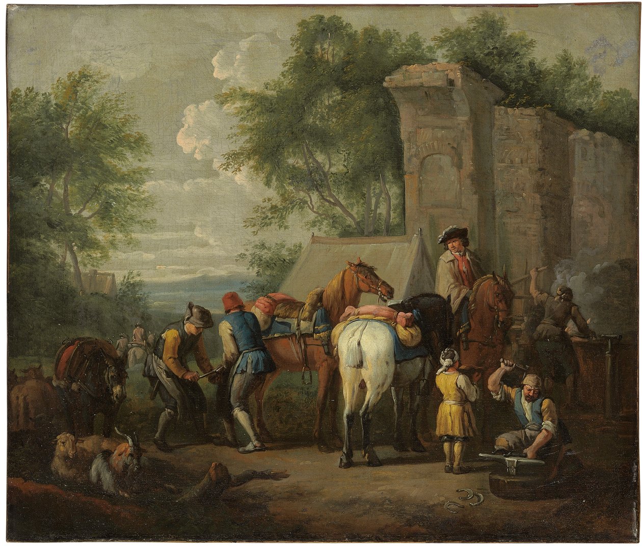 Bir harabe tarafından atları nallayan bir askeri demirci by Pieter van Bloemen