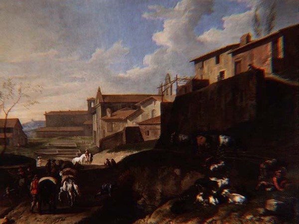 Kiliseler, evler ve gezginler ile Capriccio manzarası (petrol) by Pieter van Bloemen