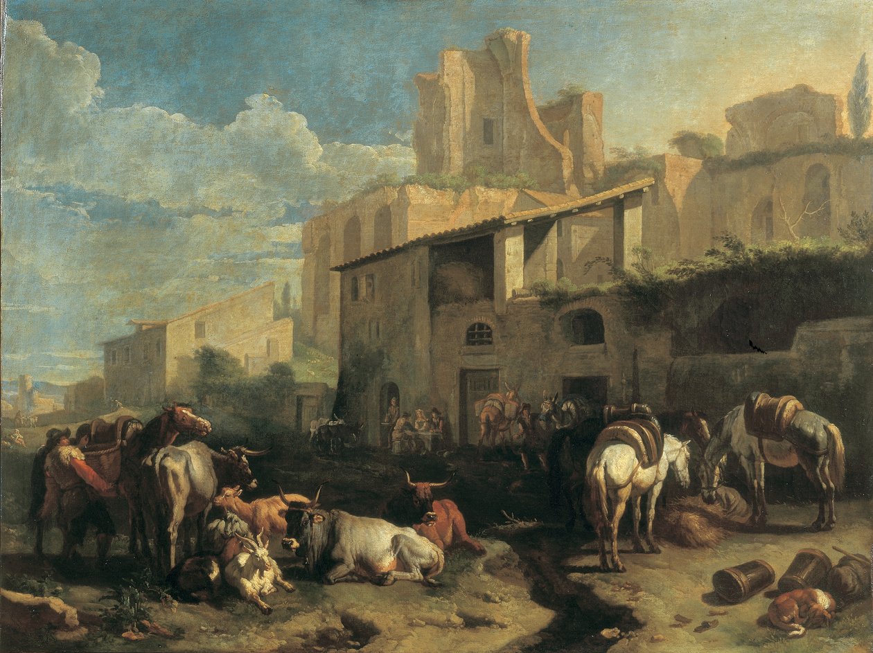 Gezginler ve çeşitli hayvanlar, arka planda Roma kalıntıları olan bir meyhanenin önünde durur by Pieter van Bloemen