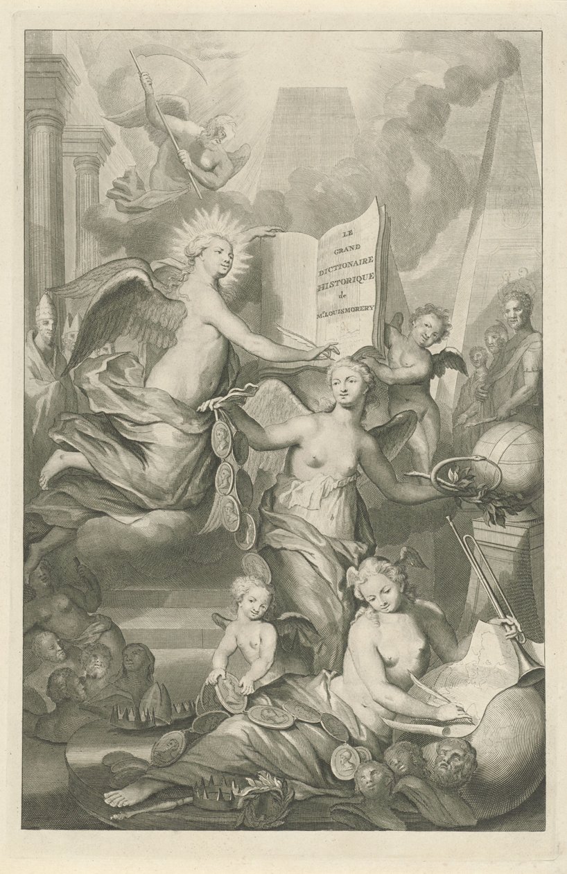 Şöhret, Sonsuzluk ve Yazma Sanatı Louis Moréri için başlık sayfası, Le grand dictionaire historique, 1731 by Pieter van Gunst