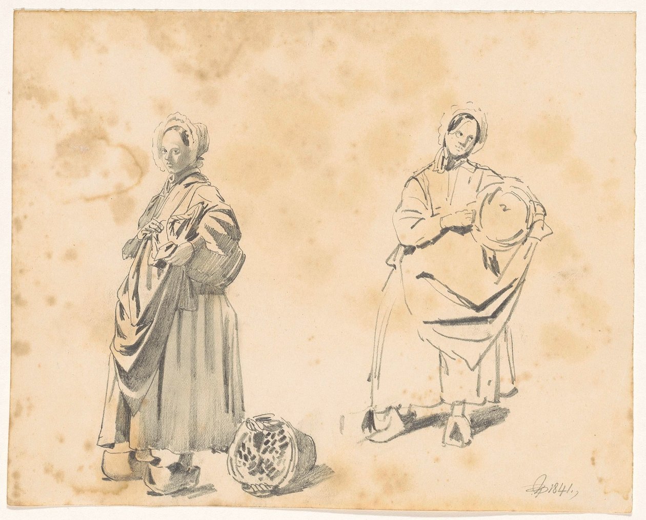 Elinde sepet olan ayakta duran bir kadının iki çalışması by Pieter van Loon