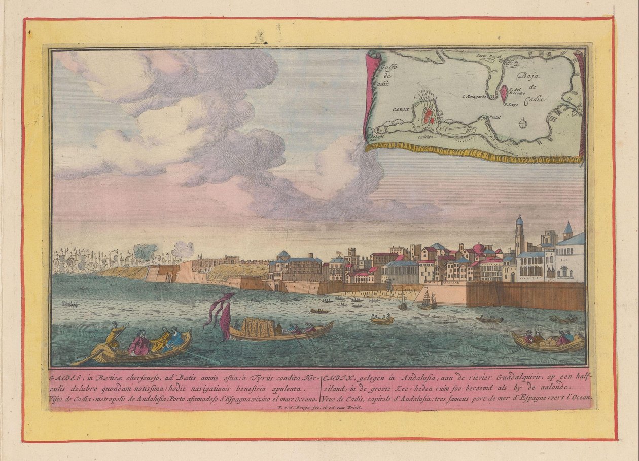Endülüs'te, Guadalquivir nehri üzerinde, yarım adada bulunan Cádiz Cadix'in görünümü (...) (nesnedeki başlık) Theatrum Hispaniae (...) (dizi başlığı) by Pieter van den Berge