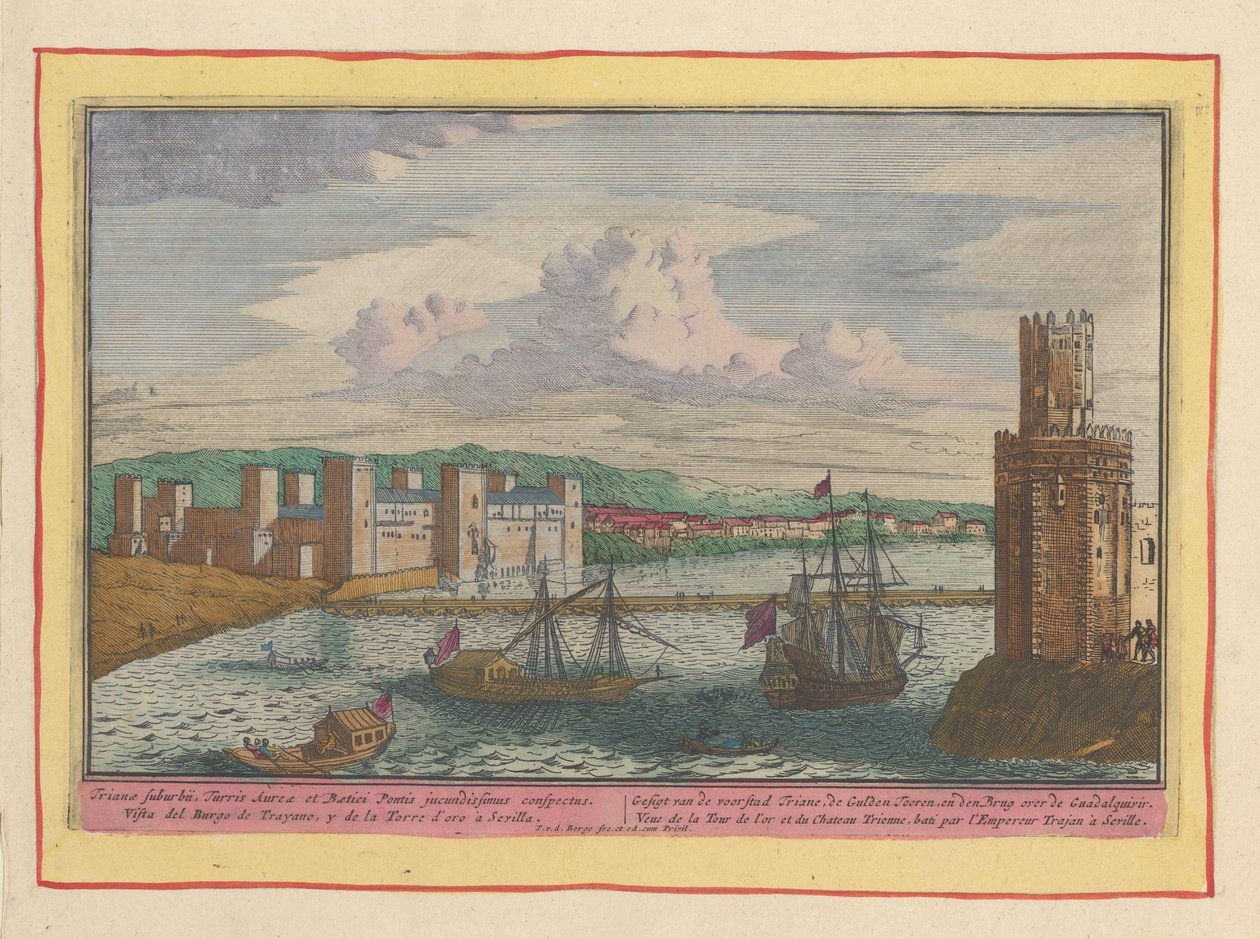 Torre del Oro ve Sevilla yakınlarındaki Triana banliyösünün görünümü Triane banliyösü Gesigt, Gulden Tooren ve Guadalquivir üzerindeki Köprü (nesnenin başlığı) Theatrum Hispaniae (...) (dizi adı) by Pieter van den Berge