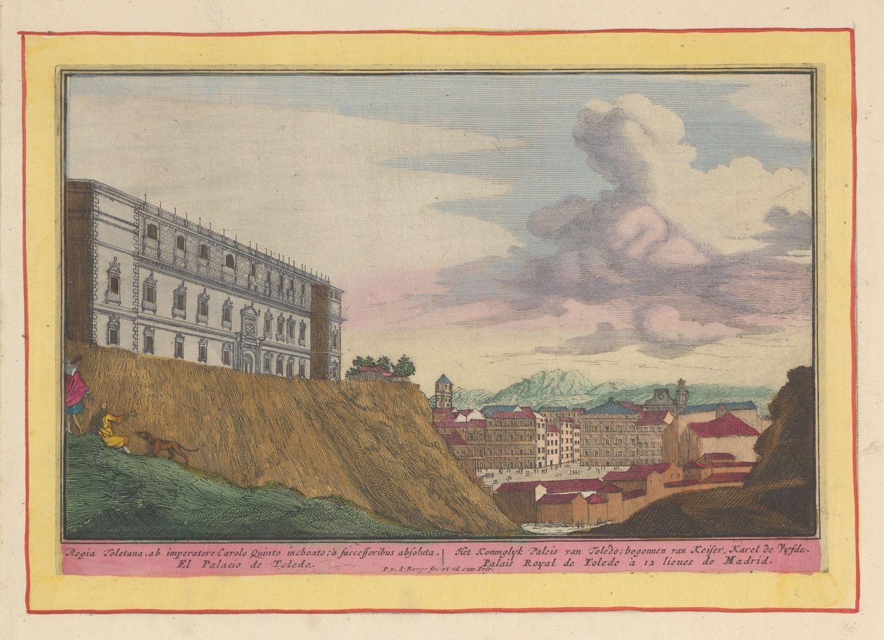 Alcázar of Toledo ve şehir manzarası Toledo Kraliyet Sarayı; Keizer Karel de Vyfde tarafından başlatıldı (nesnedeki başlık) Theatrum Hispaniae (...) (dizi adı) by Pieter van den Berge