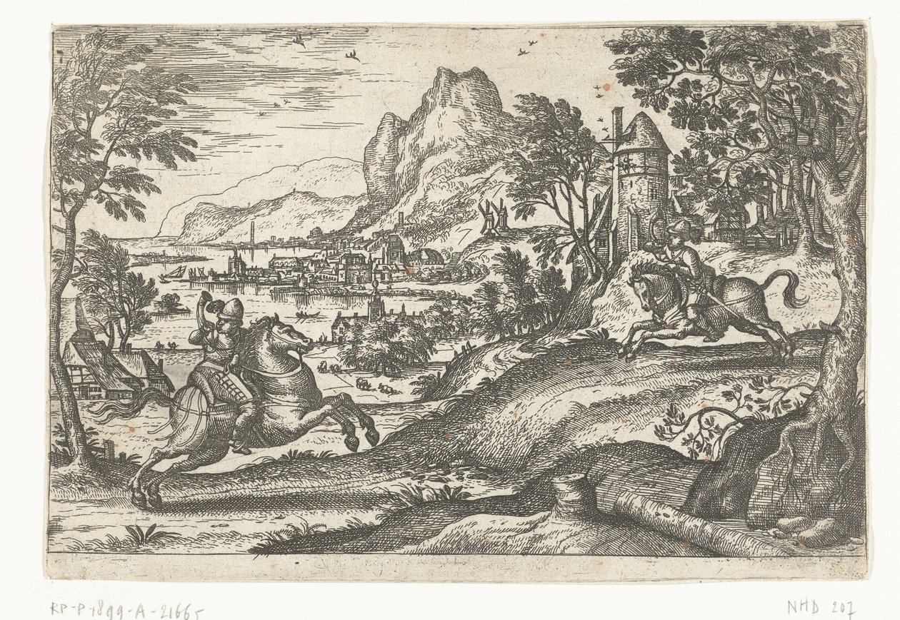 İki atlı ile manzara. by Pieter van der Borcht (I)