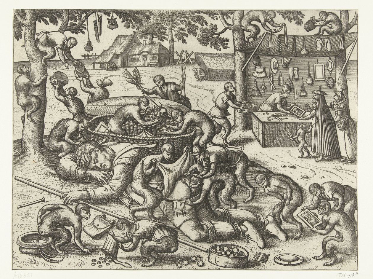 Uyuyan seyyar satıcı maymunlar tarafından soyuldu Maymun oyunu (dizi adı) by Pieter van der Borcht (I)