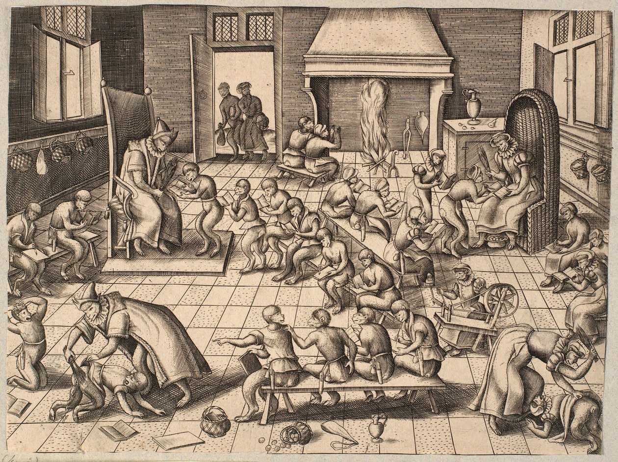Okul odası. Bir okul odasında öğretilen ve yetiştirilen maymunlar by Pieter van der Borcht
