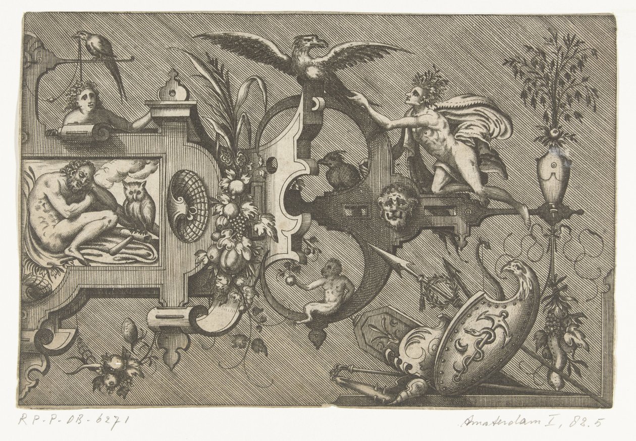 Geceyi tasvir eden büyük bir kartuşun sağ yarısı Compertimenta pictoriis flosculis manubiisque… (dizi adı) by Pieter van der Heyden