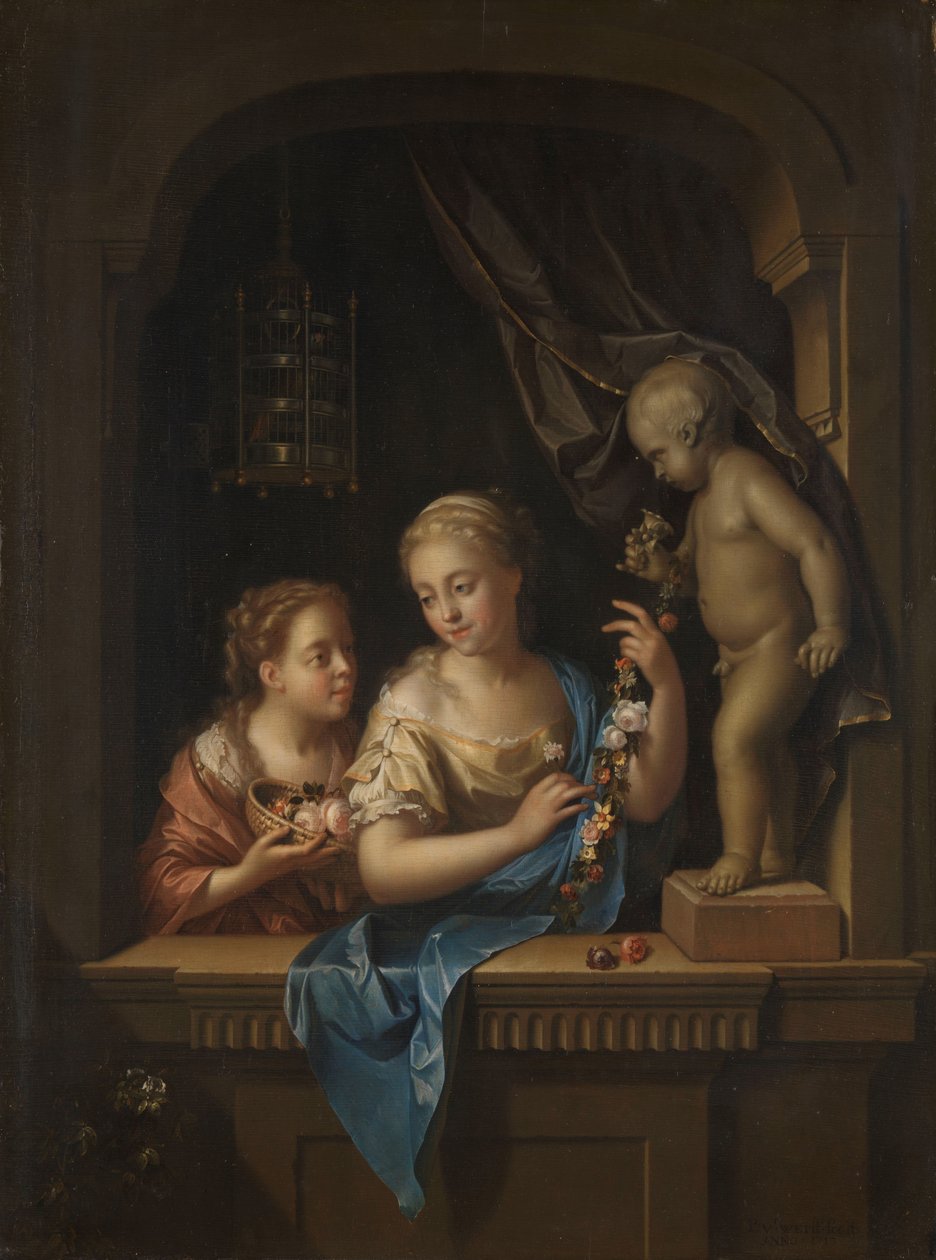 Aşk tanrısı heykelinin yanında çiçekli iki kız Aşk tanrısı heykelinin yanında çiçekli iki kız by Pieter van der Werff
