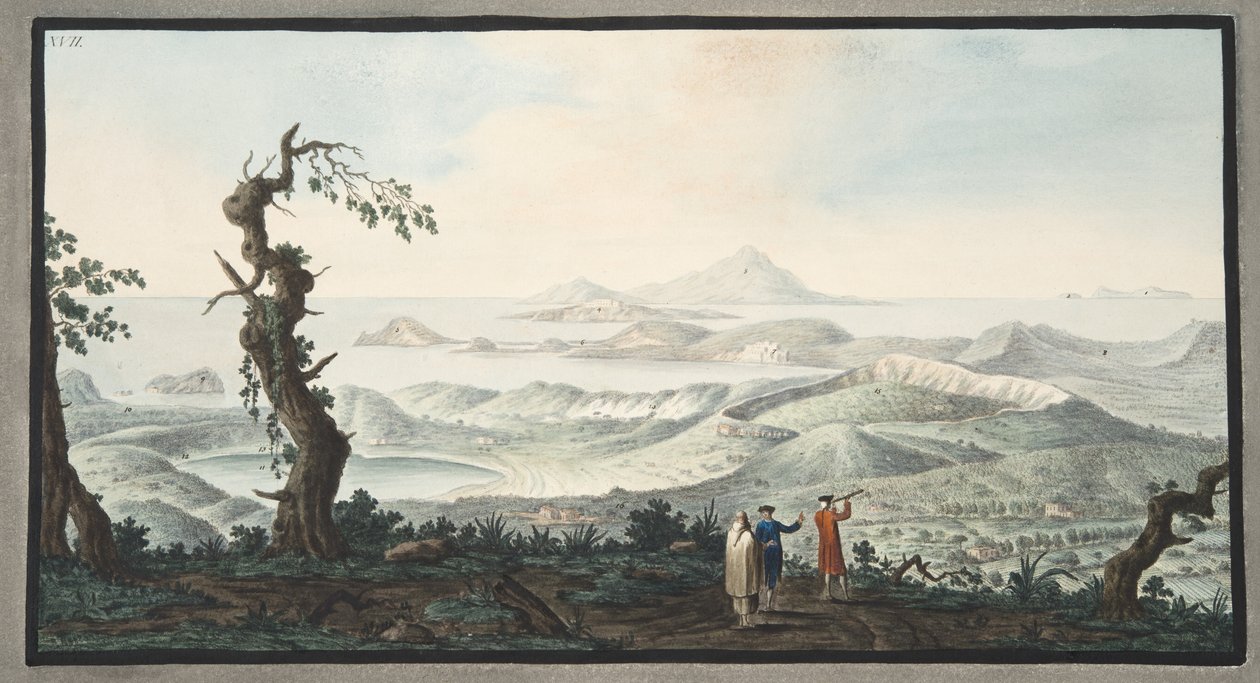 Camalpoli Manastırı'ndan kuş bakışı, Levha XVII, 'Campi Phlegraei: İki Sicilya Volkanları Üzerine Gözlemler', Sir William Hamilton (1730-1803), 1776'da yayınlandı (el ortak by Pietro Fabris