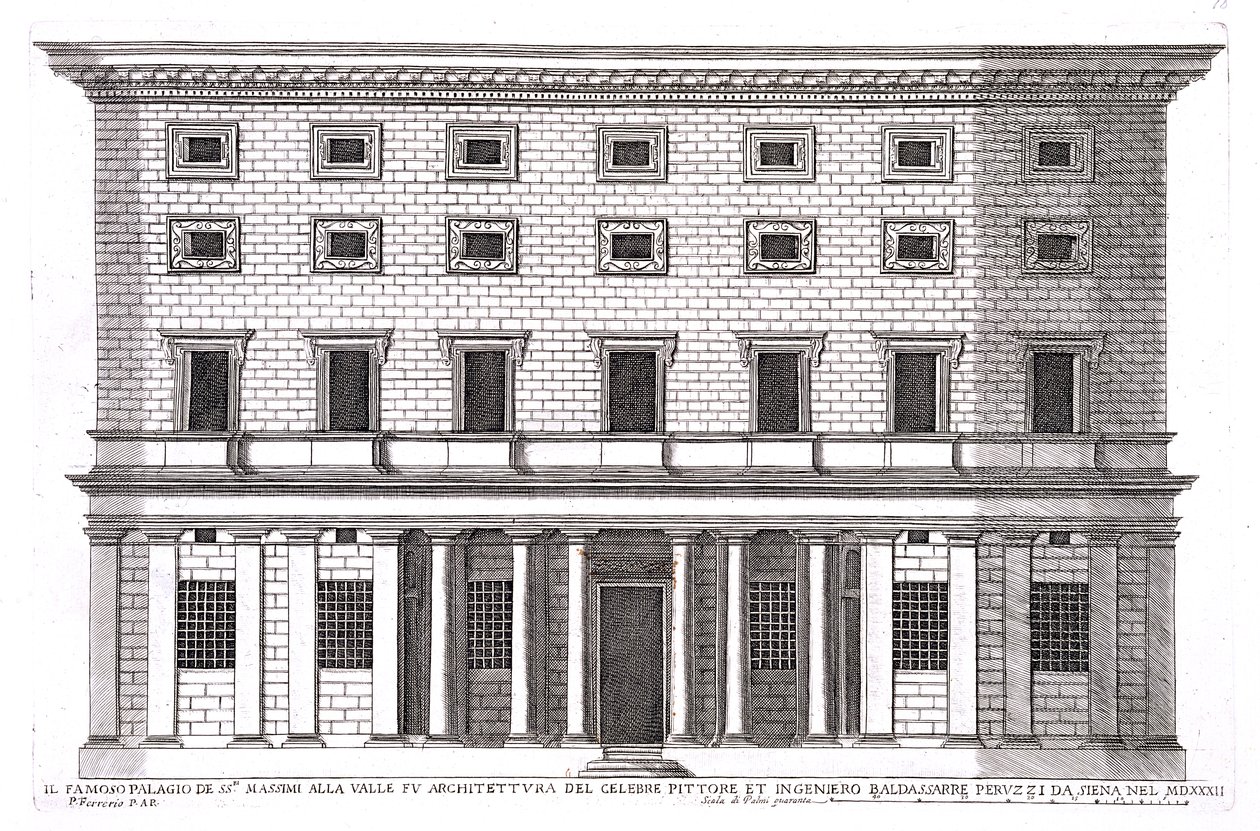 1532 yılında Baldassarre Peruzzi (1481-1536) tarafından tasarlanan Palazzo Massimi alla Valle, Roma cephesinin görünümü by Pietro Ferrerio