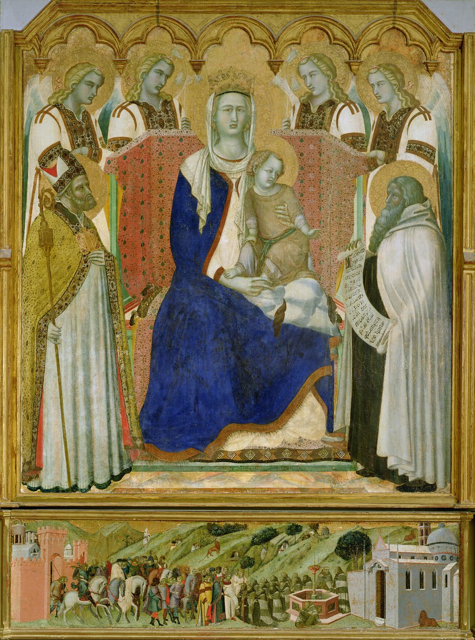 Carmine Altarpiece, Bakire ve Çocuğu meleklerle, Aziz Nikolaos ve peygamberle tasvir eden orta panel, İlyas, 1329 by Pietro Lorenzetti