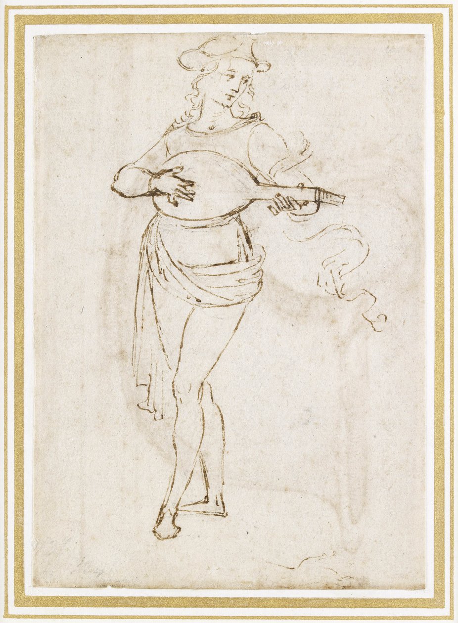 Bir Ud Oyuncusu (beyaz kağıda siyah tebeşir üzerine kalem ve koyu kahverengi mürekkep) by Pietro Perugino