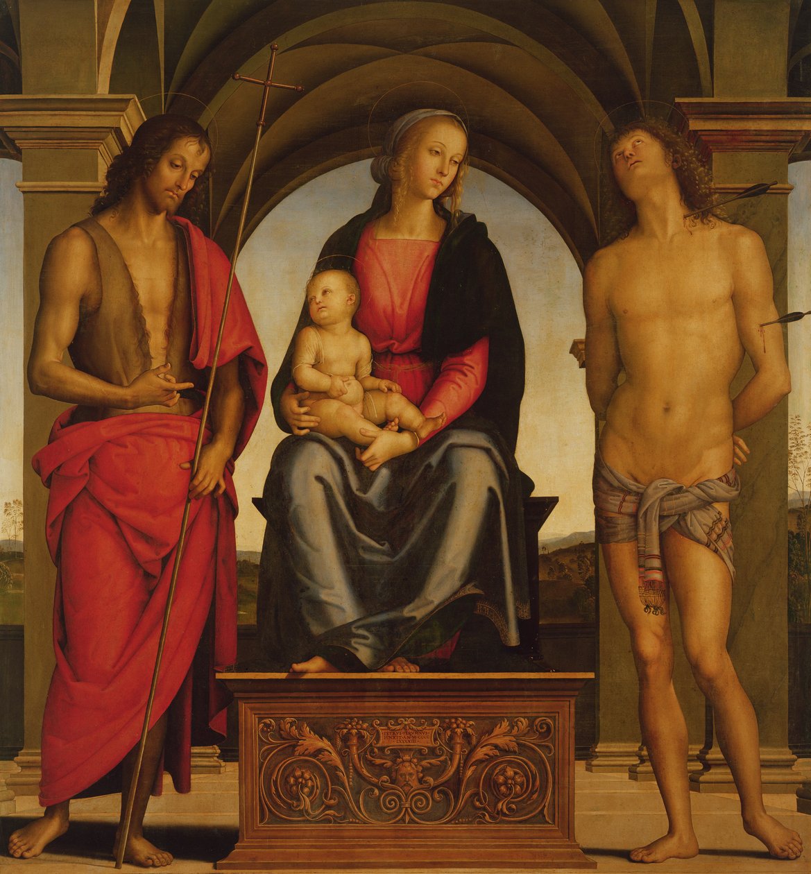 Madonna ve Çocuk, Vaftizci Yahya ile Aziz Sebastian arasında tahta çıktı, 1493 by Pietro Perugino