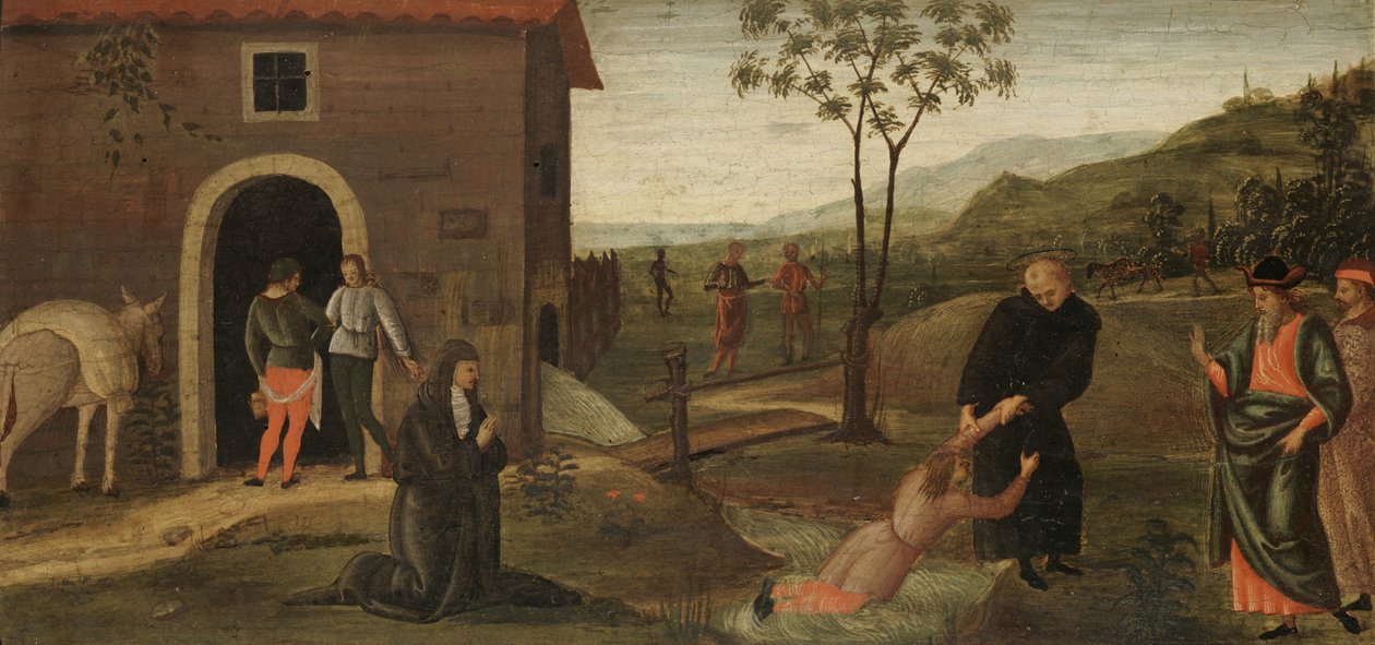 Tolentinolu Aziz Nikolaos bir çocuğu boğulmaktan kurtarırken, c.1500-30 (ahşap panelde tempera) by Pietro Perugino