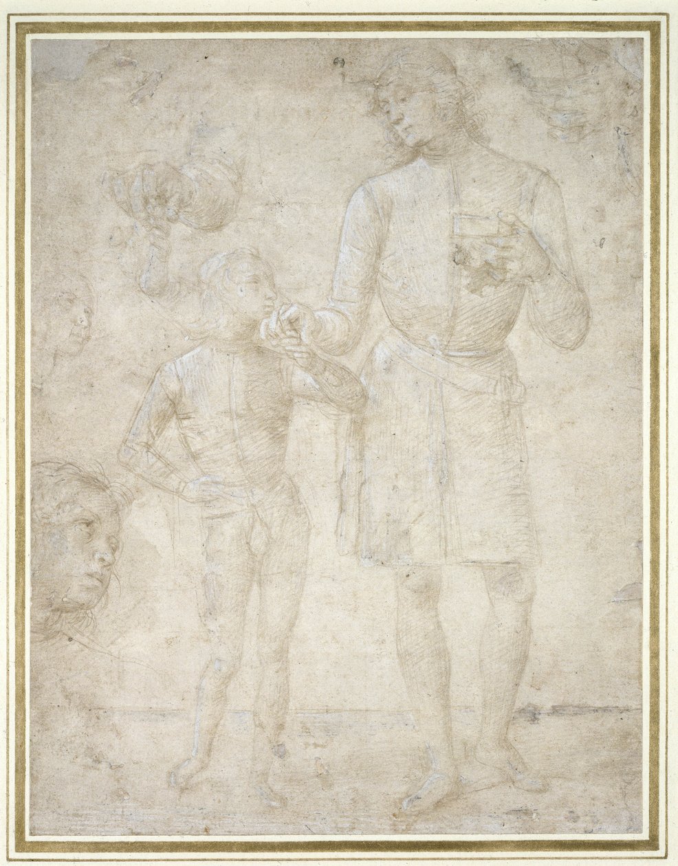 Tobias ve Melek için çalışmalar (soluk krem kağıt üzerinde beyaz gövde rengiyle (oksitlenmiş) yükseltilmiş gümüş uçlu) by Pietro Perugino