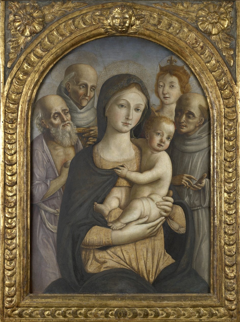 The Virgin and Child with SS. Jerome, Bernardino of Siena, Catherine of Alexandria and Francis, 15th century  by Pietro di Francesco degli Orioli