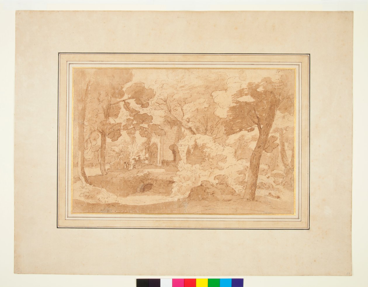 Ağaçlar Arasında Görülen Yıkılmış Bir Bina ile Manzara (kalem ve kahverengi mürekkep ve kahverengi yıkama) by Pietro Testa