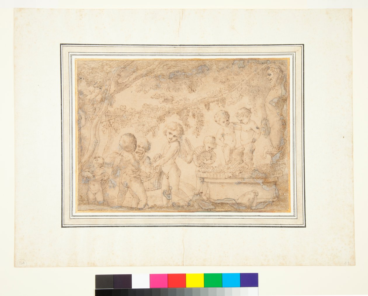 Putti ve Infant Satyrs Üzüm Üzümleri (kalem ve kahverengi mürekkep ve kahverengi yıkama) by Pietro Testa