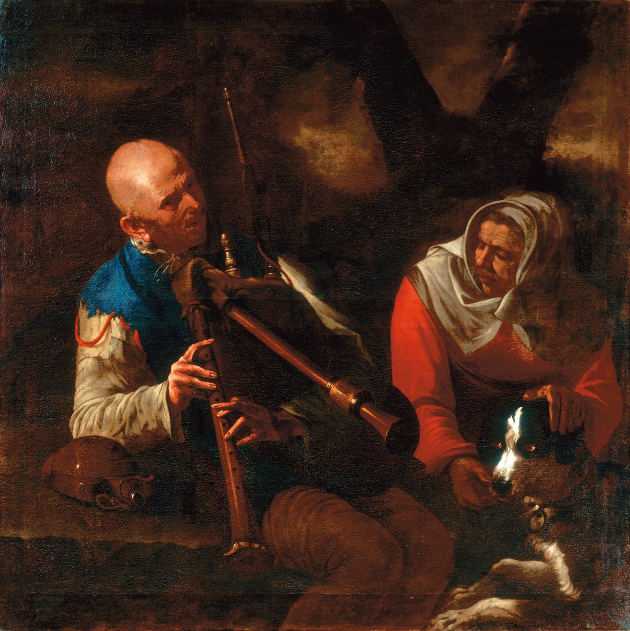 Gayda çalan bir köylü ve bir köpekle dinleyen yaşlı bir kadın (tuval üzerine yağlı boya) by Pietro (circle of) Paolini