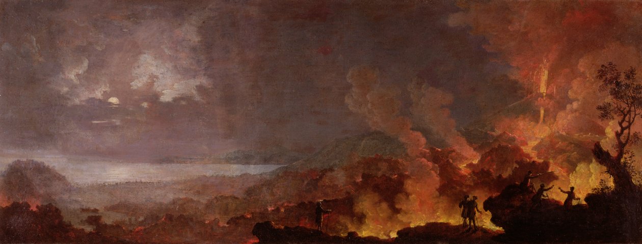 Ön planda gezginlerle gece patlayan Vezüv by Pietro Antoniani
