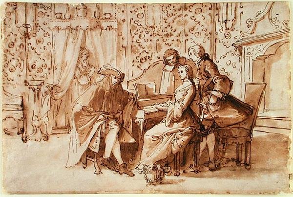 Bir Müzik Partisi (kağıt üzerinde siyah tebeşir üzerine kalem ve kahverengi yıkama) by Pietro Antonio Novelli