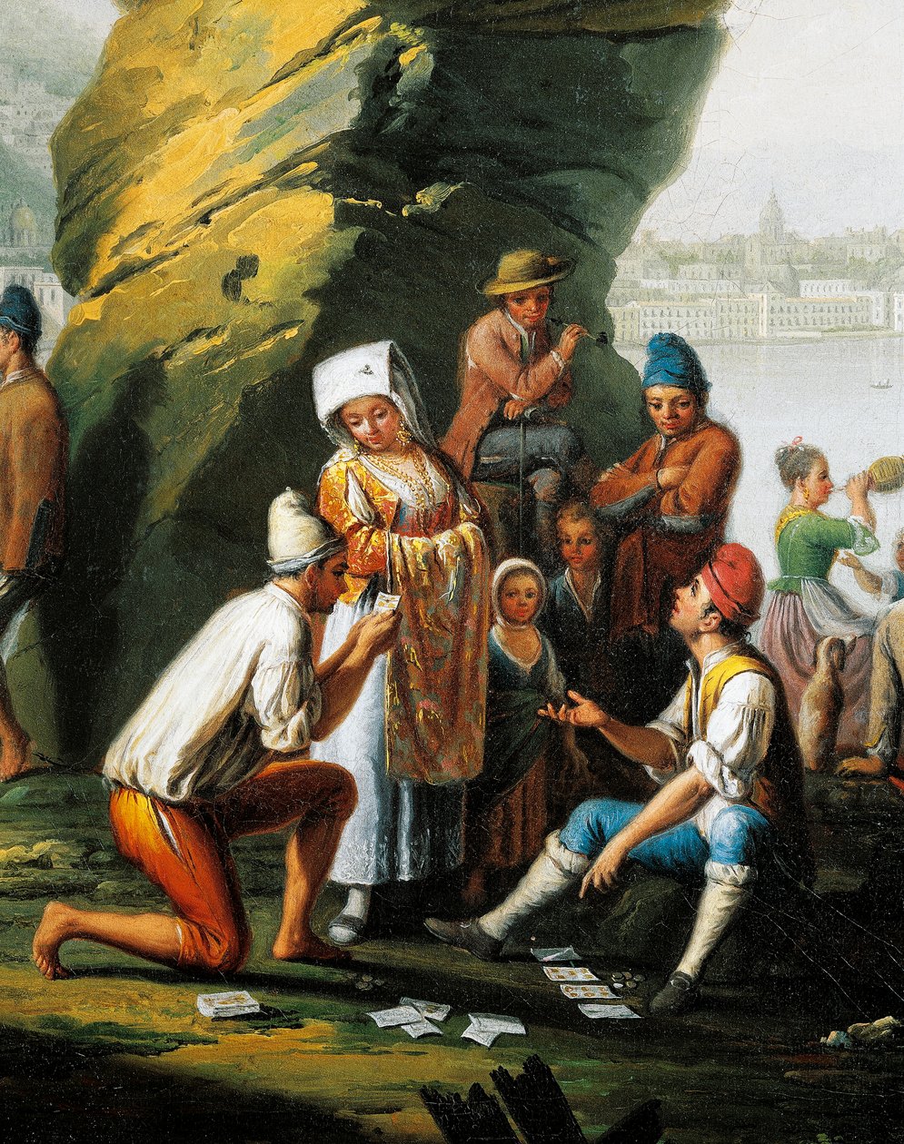 Posillipo mağarasındaki günlük yaşam sahnesi, kağıt oynayan adamlar, Pietro Fabris (aktif 1768-1778), tuval üzerine yağlı boya, detay by Pietro Fabris