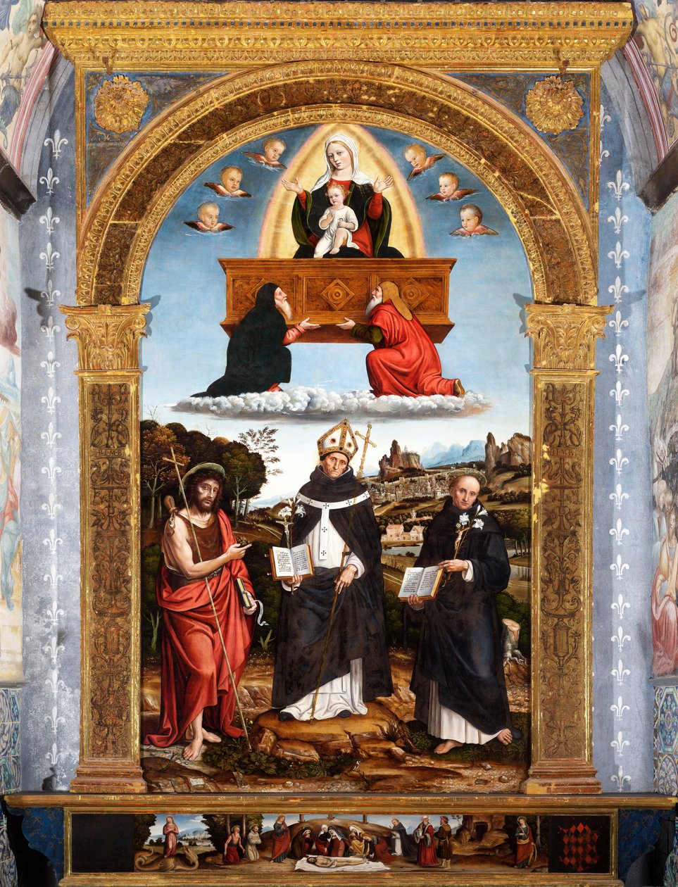 Odigitria Madonna, Aziz Vaftizci Yahya, Floransalı Antoninus ve Nicola da Tolentino ile birlikte, imzalanmış ve tarih atılmıştır by Pietro Francesco (1485 1528) Sacchi