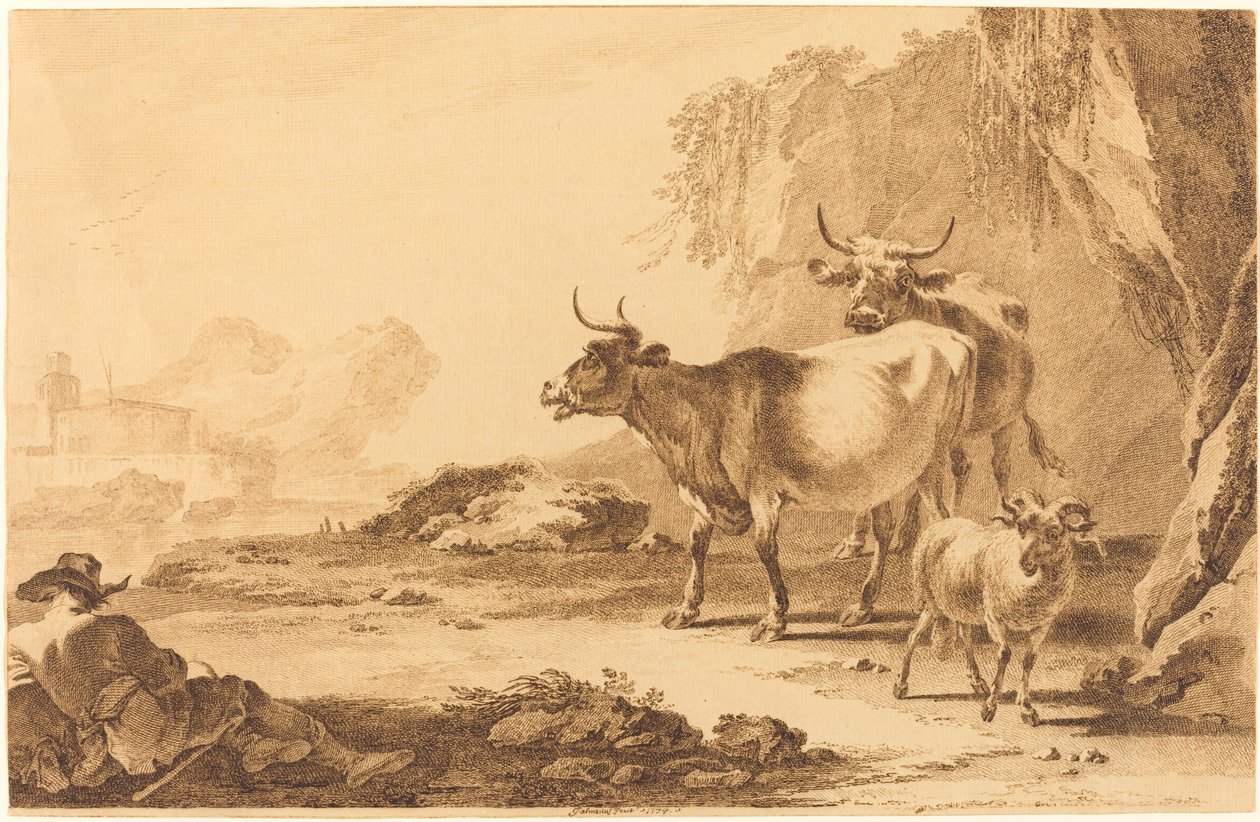 Sığır, Keçi ve Dinlenen Bir Çoban ile Manzara by Pietro Giacomo Palmieri