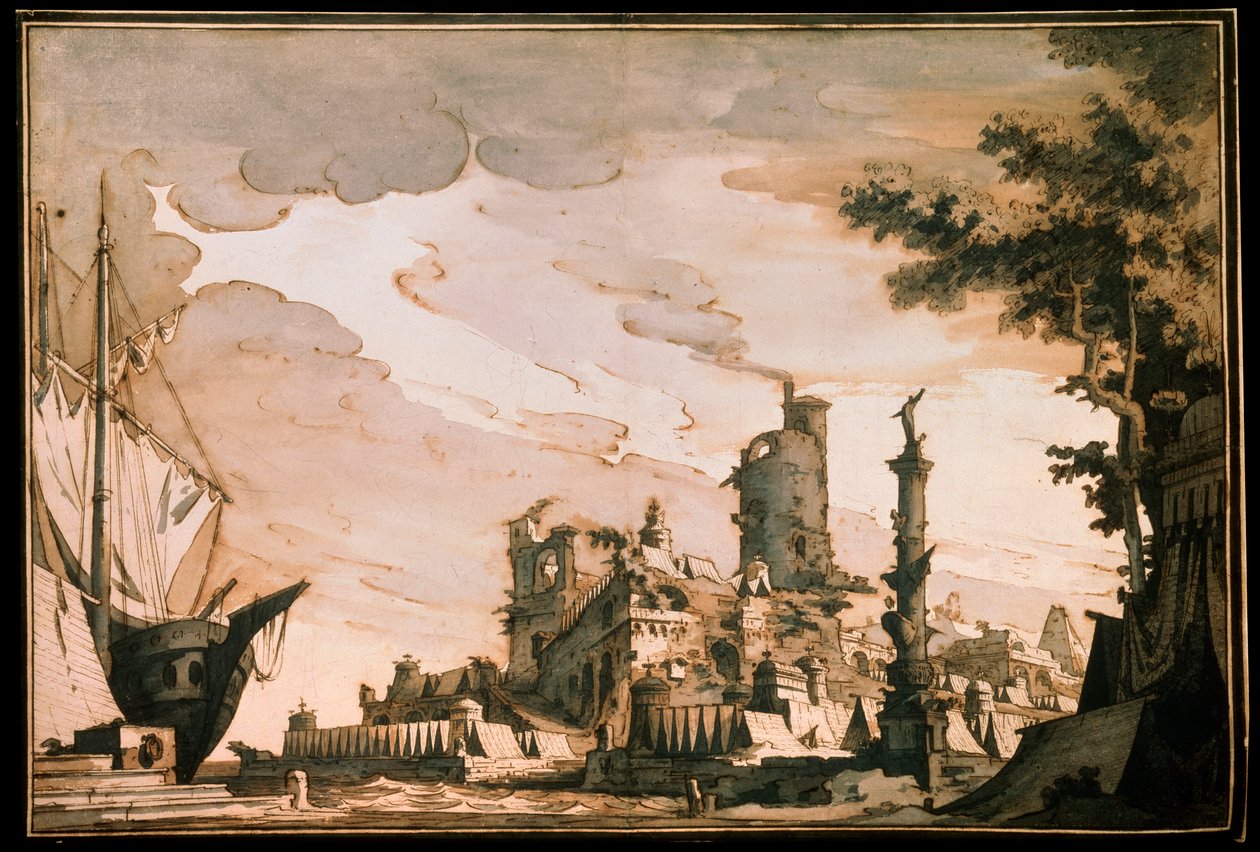 Deniz Limanı, Bir tiyatro oyunu için sahne tasarımı, 1818. by Pietro Gonzaga