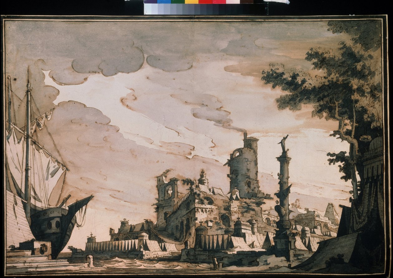 ""Liman Manzarası"" Tiyatro Dekoru. Suluboya Pietro di Gottardo Gonzaga (1751-1831) 1818. Kağıt üzerine suluboya ve mürekkep. Moskova, Puşkin Müzesi by Pietro Gonzaga