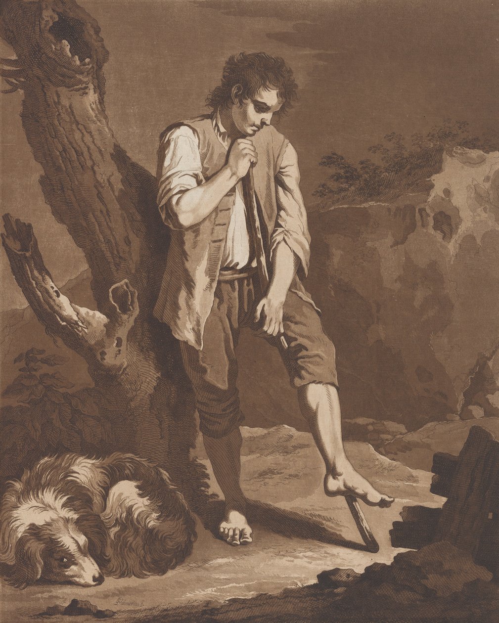 The Shepherds Rest, köpeği ayaklarının dibindeyken bir sopanın üzerinde dinlenen genç bir adam..., yaklaşık. 1757-1804. by Pietro Jacopo Palmieri