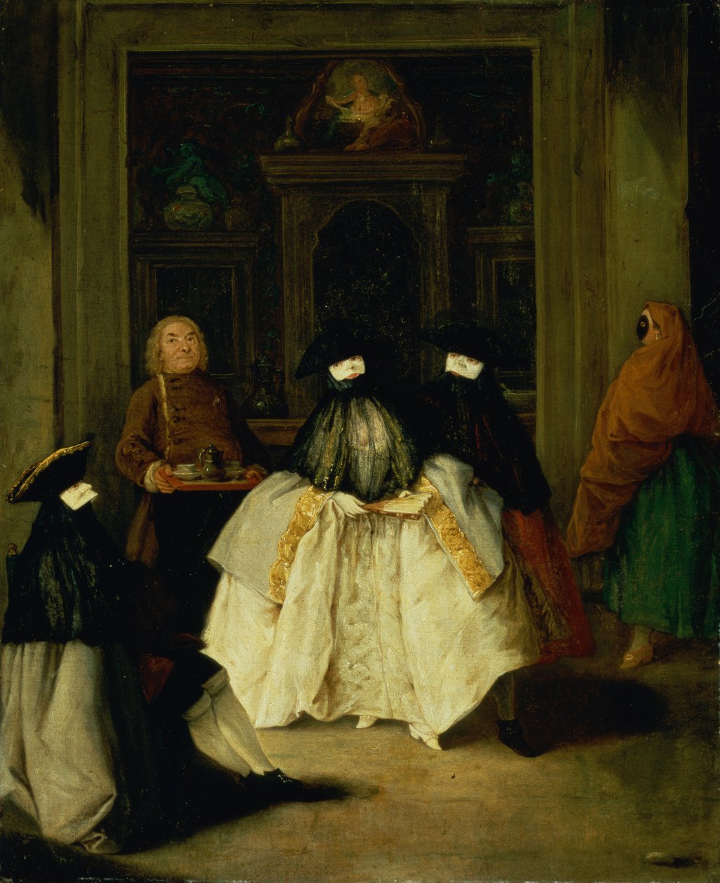 Venedik Kahvesinde Maskeli Figürler by Pietro Longhi