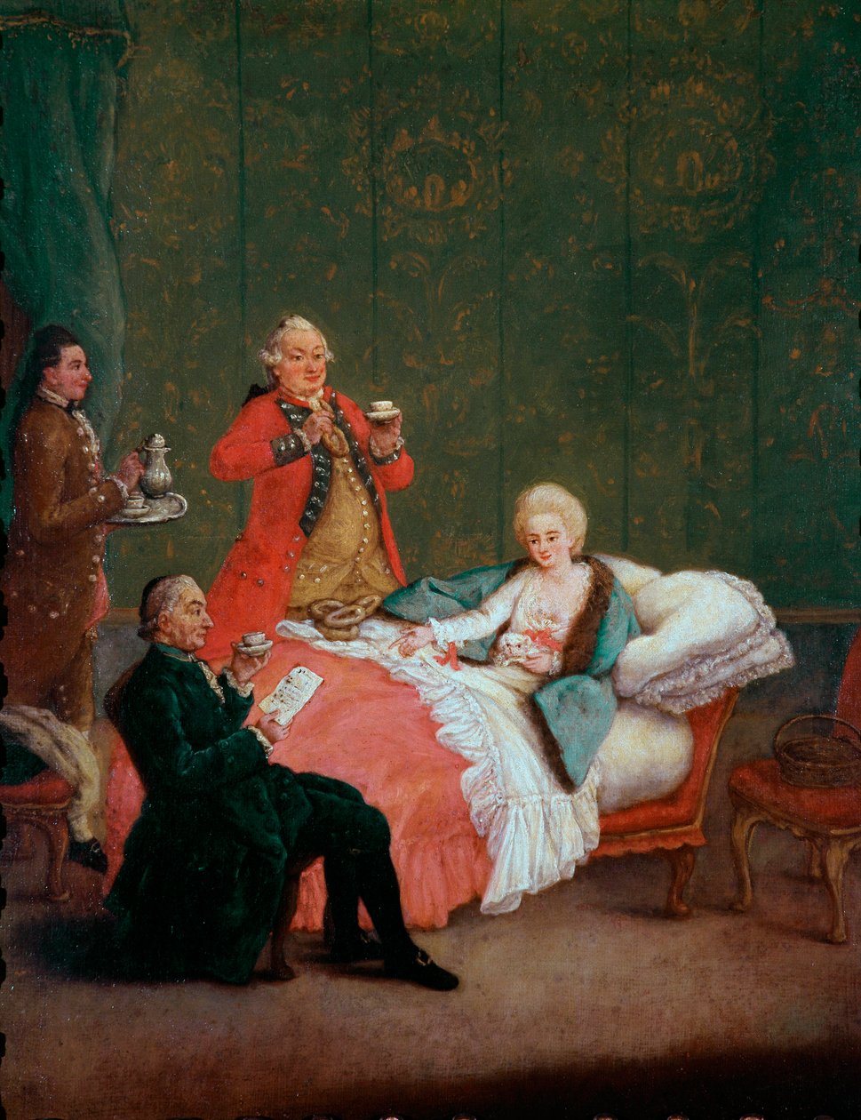 Sabah, soyluların çikolatalı genç kadını, yatağında üç adam tarafından servis ediliyor. Pietro Longhi (1702-1785) 1775-1780 tarafından boyama. karartmak 60x47 cm Ca 