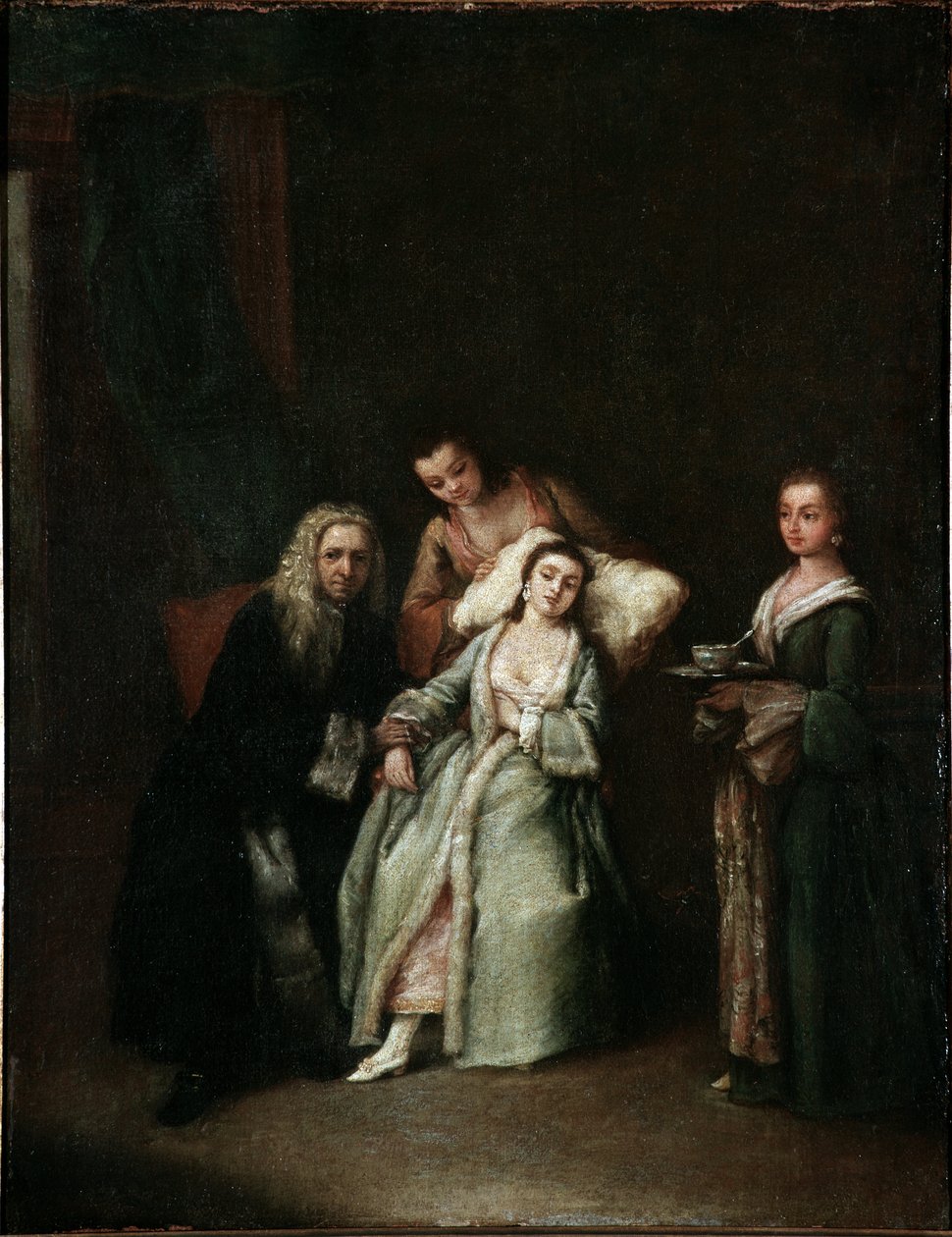 Hasta kadın Hastanın nabzını tutan doktorun ziyareti Tablo Pietro Longhi (1702-1785) 1741 Dim 52x41 cm Venedik, Ca Rezzonico, n 134 by Pietro Longhi