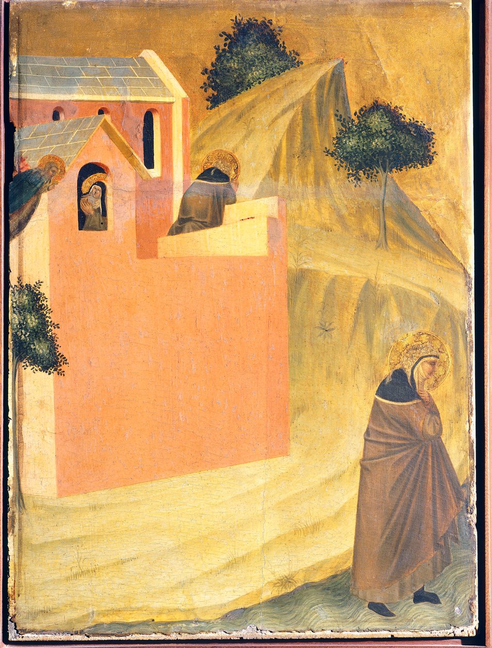 Kutsanmış kişi manastırdan kaçar ve Lamone nehrini geçer, Pietro Lorenzetti (yaklaşık 1280-1348) tarafından Kutsal Alçakgönüllülük