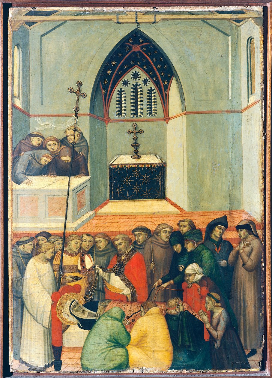 Kutsanmış kişinin mezardan çıkarılan bedeni bozulmamış ve taze, Pietro Lorenzetti (yaklaşık 1280-1348) tarafından Blessed Humility