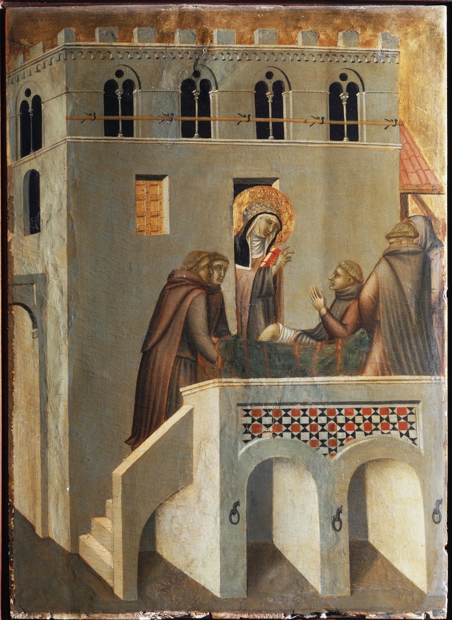 Aziz, bir keşişin ayağını tedavi eder (Aziz Tevazu Hayatının Poliptiği) - Ahşap üzerine Detrempe 14. yüzyıl by Pietro Lorenzetti