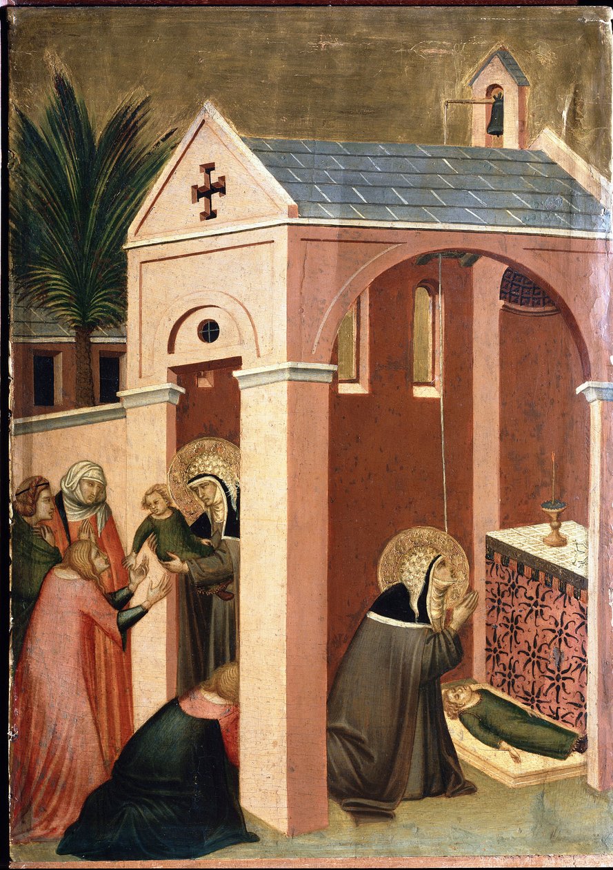Aziz, bir beyefendinin oğlunu diriltir (Aziz Alçakgönüllülük yaşamının poliptiği) - Detrempe ahşap 14. yüzyıl by Pietro Lorenzetti