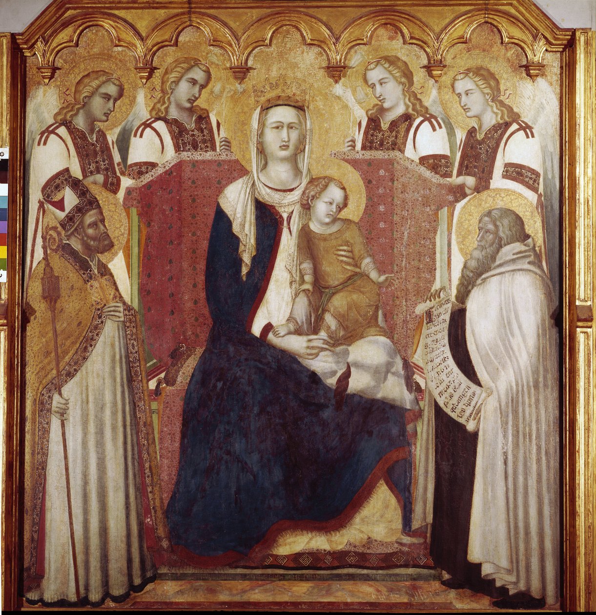 Aziz Nicholas ve Aziz Elijah arasındaki Bakire ve Çocuk. Orta panel, Carmel Altarpiece (Ahşap üzerine Tempera by Pietro Lorenzetti
