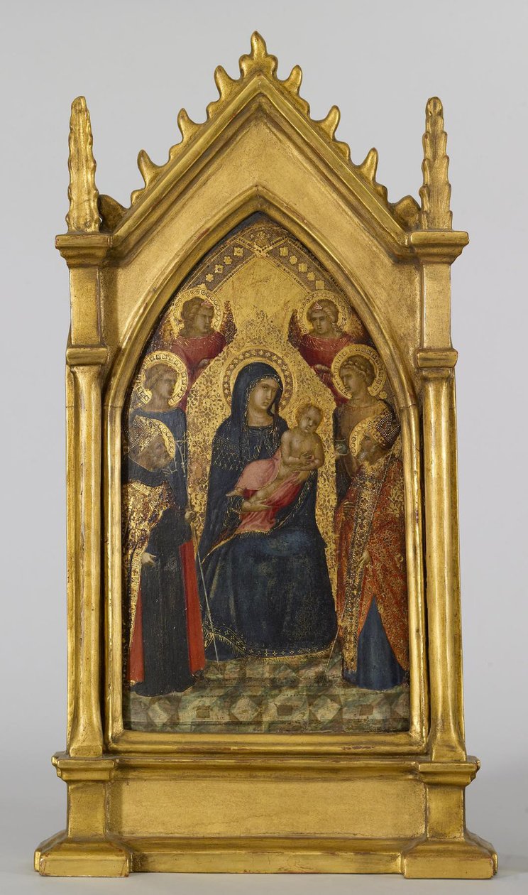 Aziz Augustine, Nicholas, Catherine, Lucy ve Melekler ile Bakire ve Çocuk, c.1340-45 (panelde tempera ve altın varak) by Pietro Lorenzetti