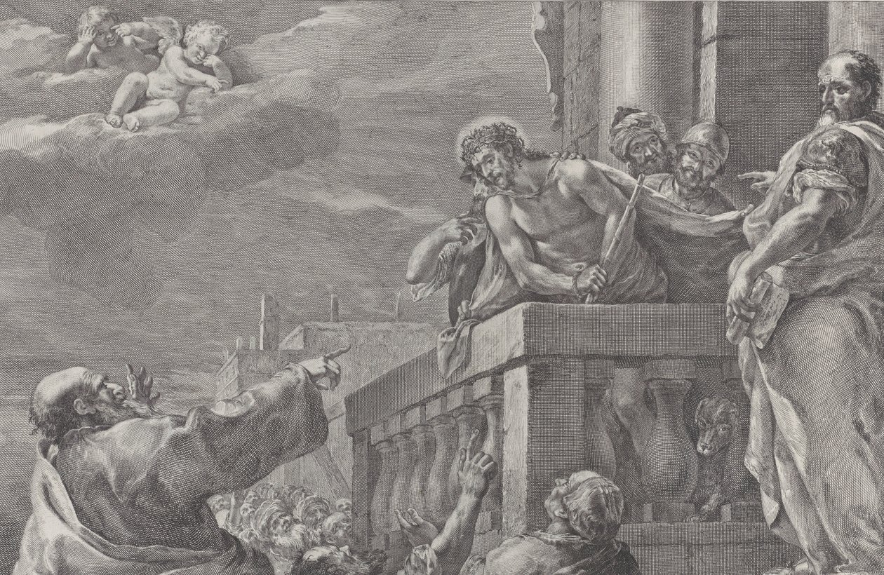 İsa, muhafızlarla çevrili bir balkonda, Pilatus sağda duruyor ve sağa doğru hareket ediyor..., yakl. 1730-39. by Pietro Monaco