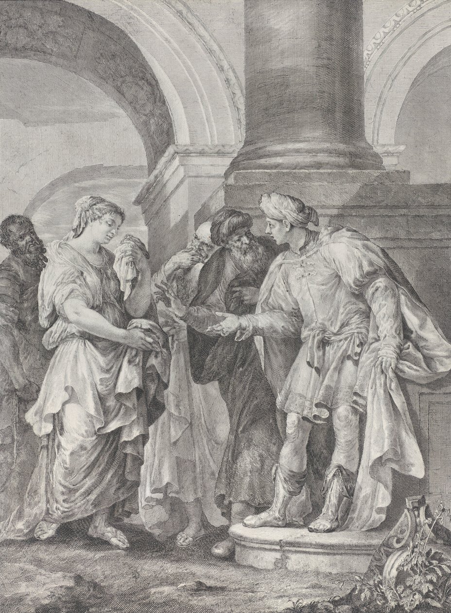 Daniel yaşlılarla tartışırken Susanna solda duruyor, 1732-50. by Pietro Monaco